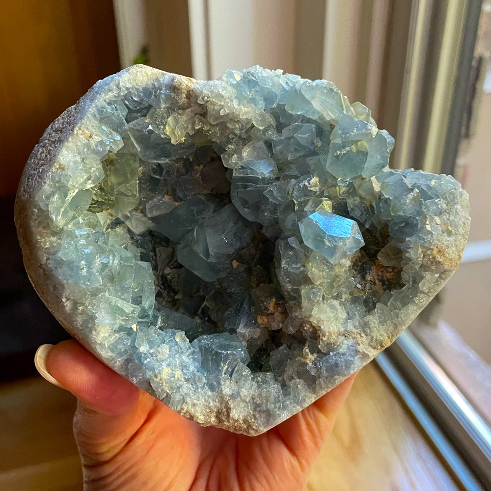 Celestite heart shaped geode! Gorgeous crystal formation with stand
